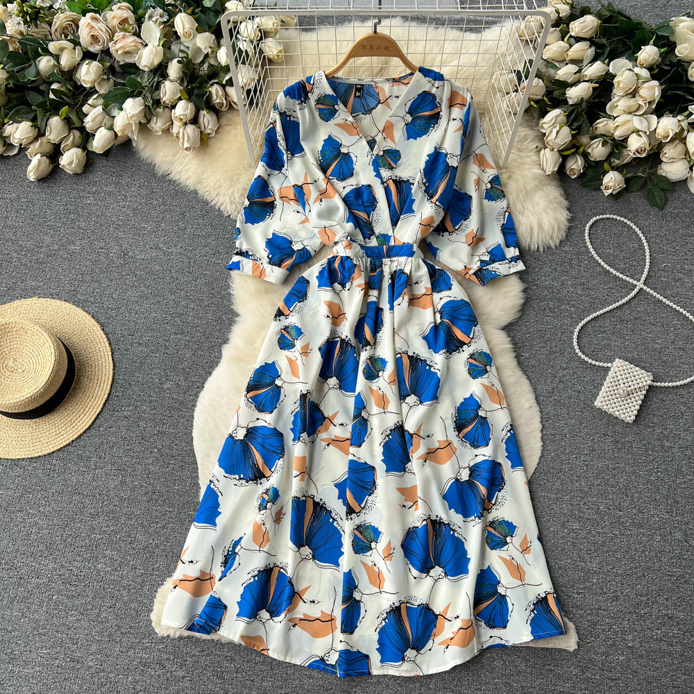 French Style Floral Printed Chiffon Dress