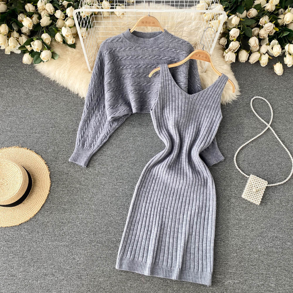Hip-packaging Dress&Sweater 2Pcs Set