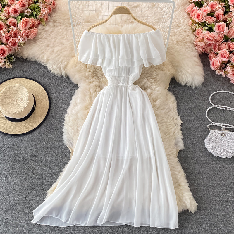 Off-shoulder Ruffle Mesh Chiffon Dress