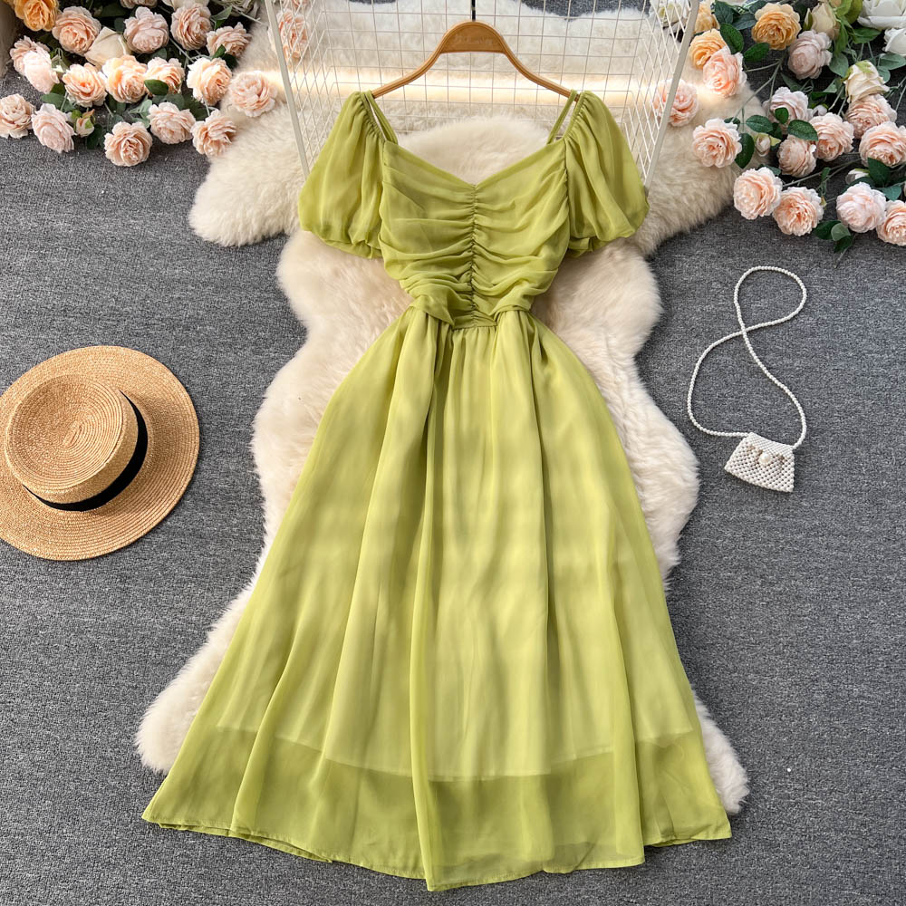 Bubble Sleeve Square Collar Chiffon Dress