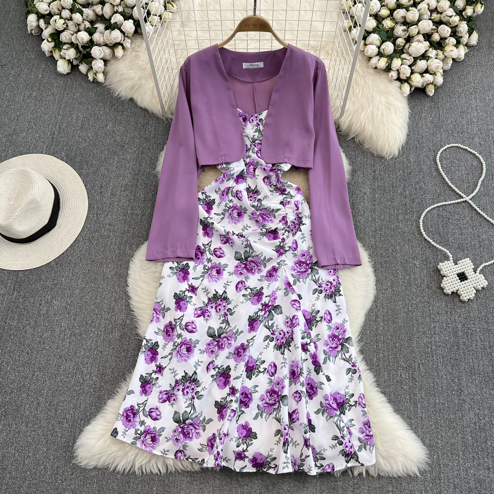 Vintage Sleeveless Dress&Cape Jacket 2Pcs