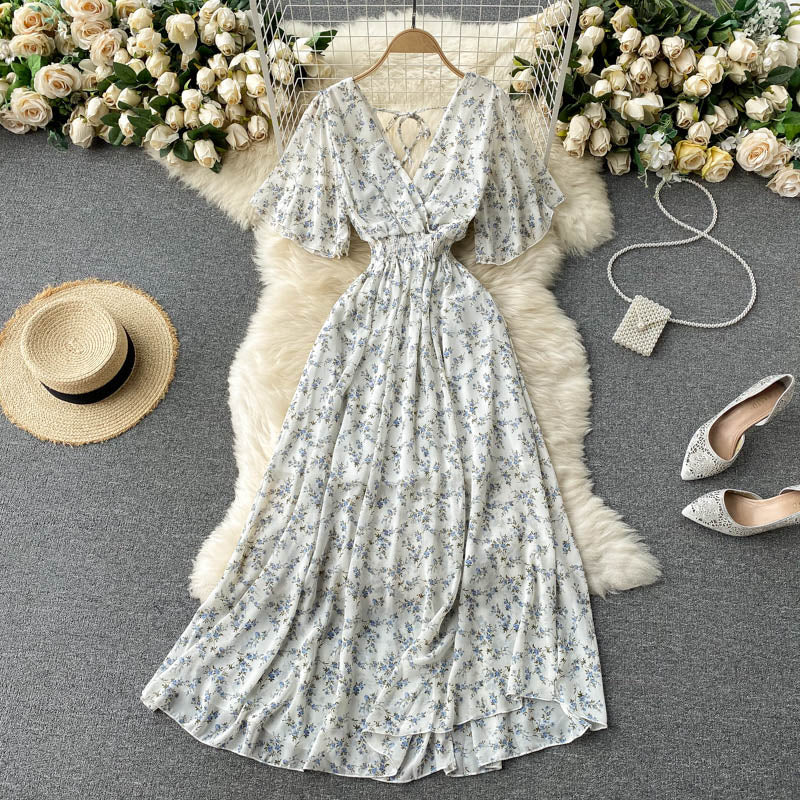 V-neck Slim Chiffon Floral Dress