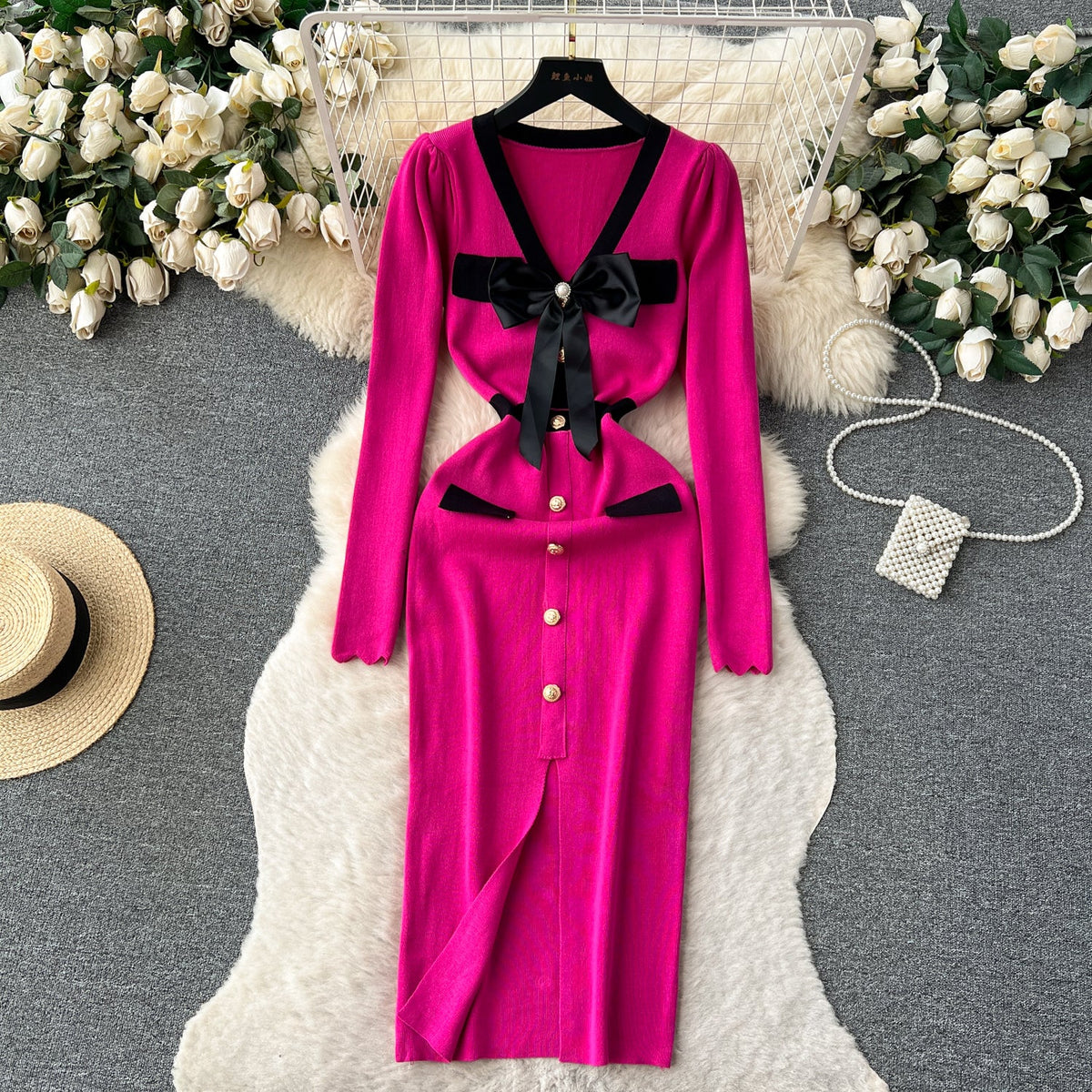 Color Blocking Bow-tie Knitted Dress
