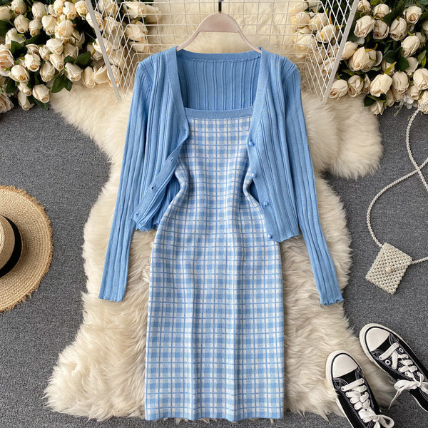 Knitted Cardigan&Plaid Dress 2Pcs