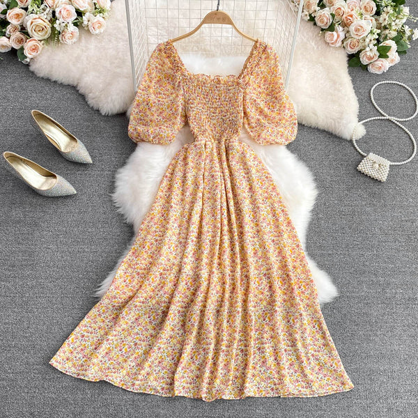 Square Collar Floral Chiffon Dress