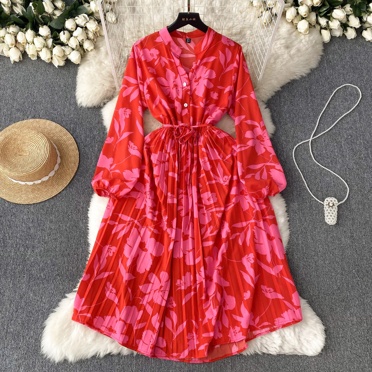 French Style Pleated Printed Dress