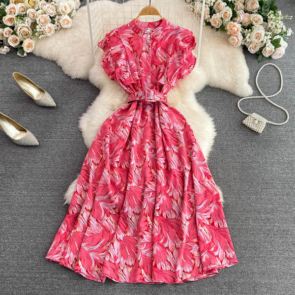 Stand Collar Floral Printed A-line Dress
