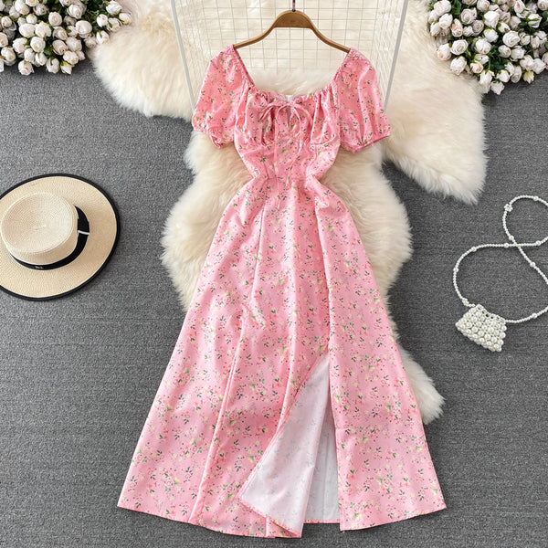 French Style Puff Sleeve Floral Dress