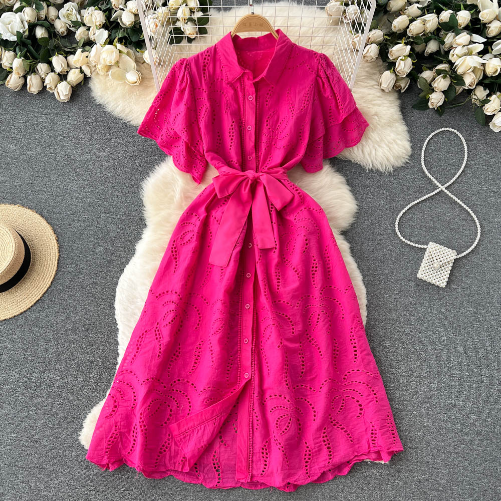 Lapeled Puff Sleeve Hollowed Dress