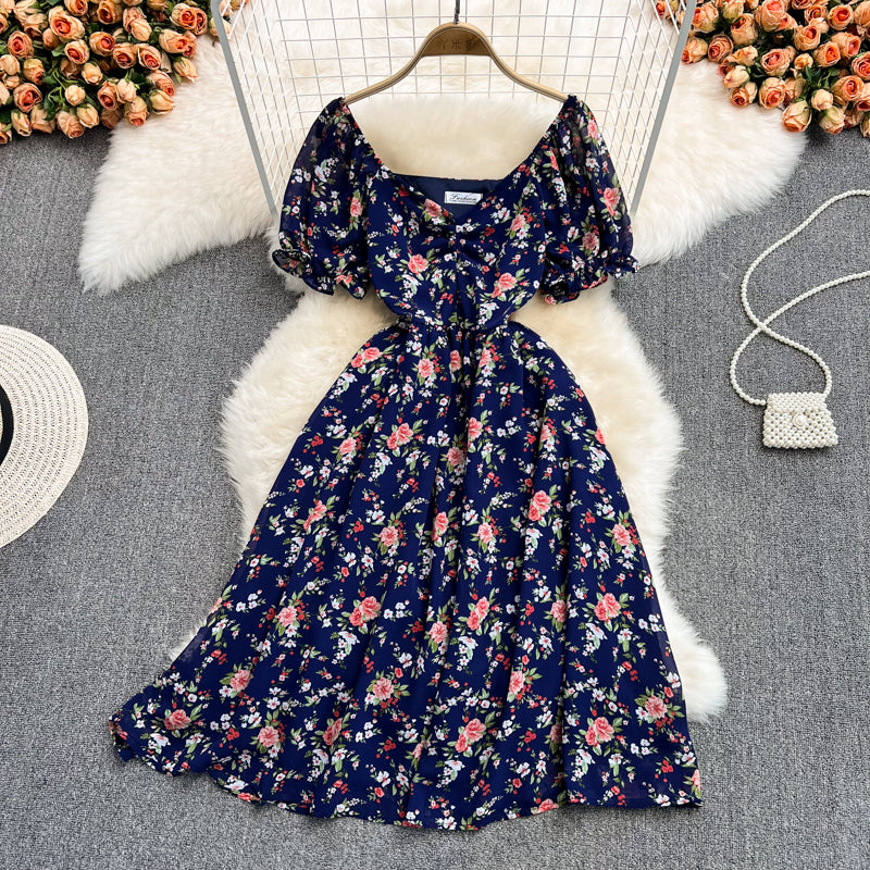 Waist-slimming V-neck Floral Chiffon Dress