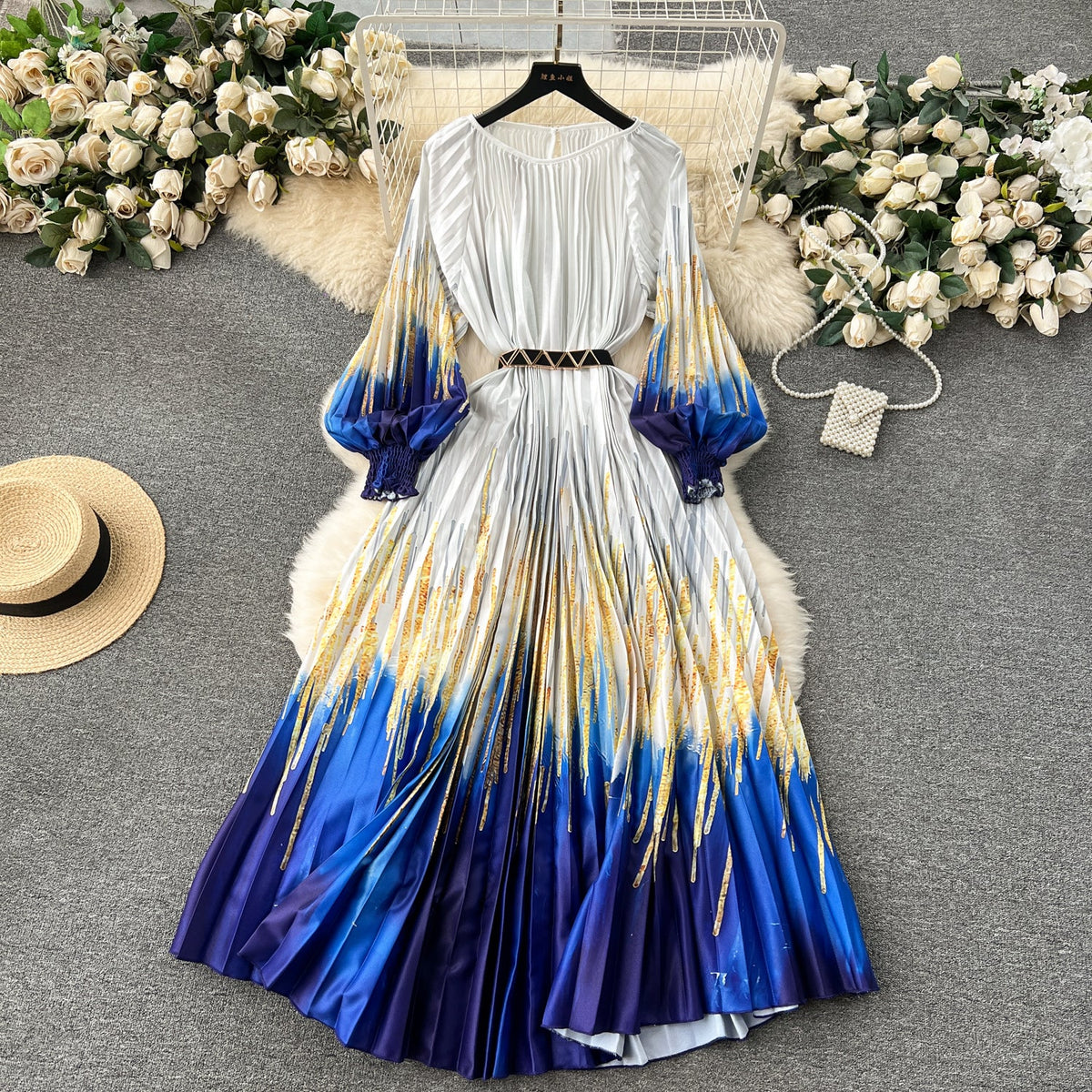 Floral Printed High-waist Pleated Dress