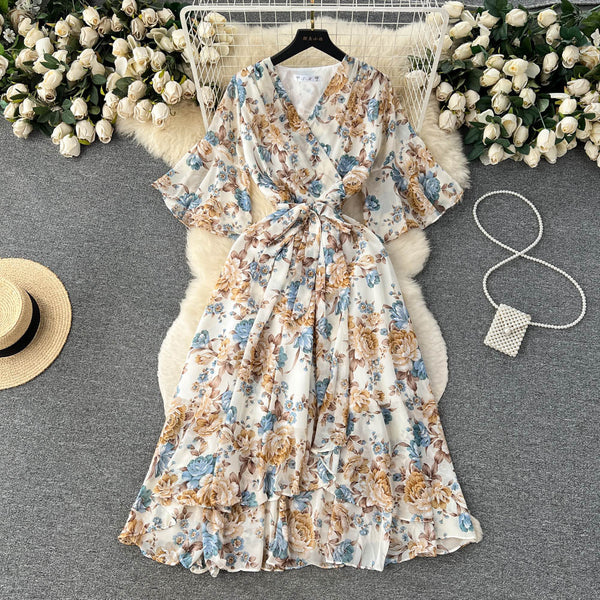 Flared Sleeve V-neck Floral Dress
