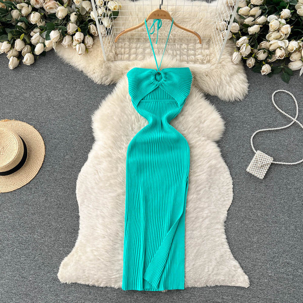 Openwork Backless Knitted Halter Dress