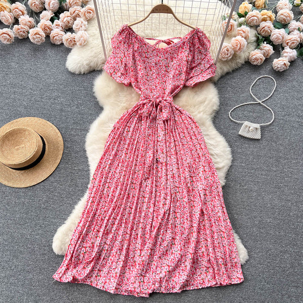 Fairy Pleated Lace-up Floral Dress