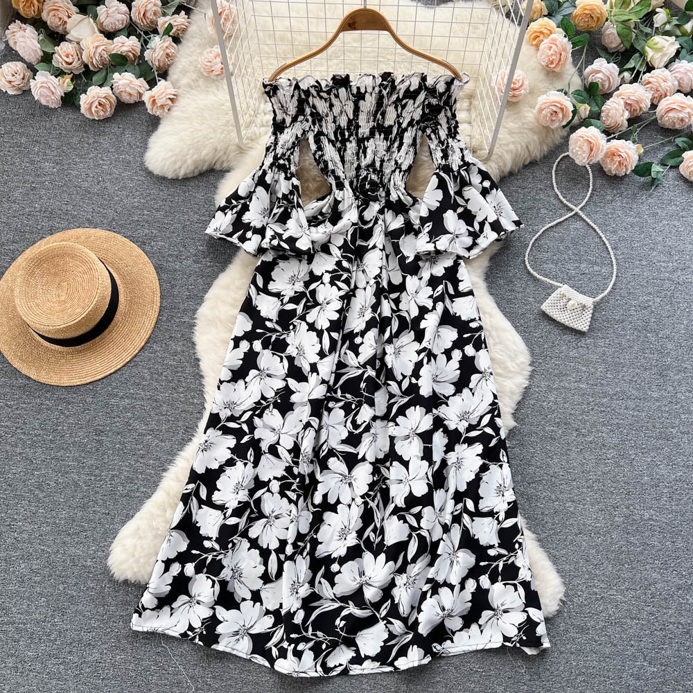 Off-shoulder Flared Sleeve Floral Dress