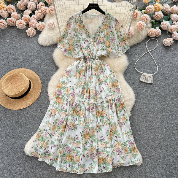 Mori Flared Sleeve Floral Chiffon Dress