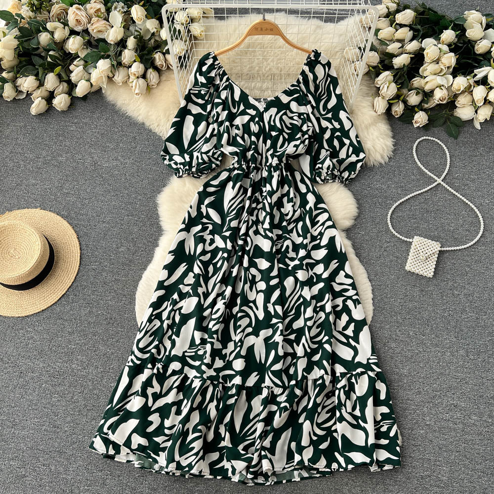 Square Neck Bubble Sleeve Floral Dress