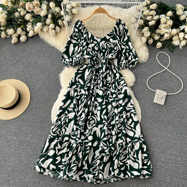 Square Neck Bubble Sleeve Floral Dress