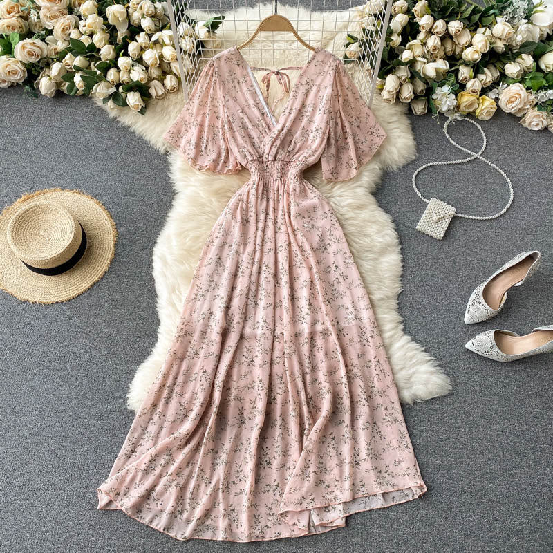 V-neck Slim Chiffon Floral Dress