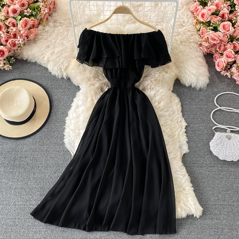 Off-shoulder Ruffle Mesh Chiffon Dress