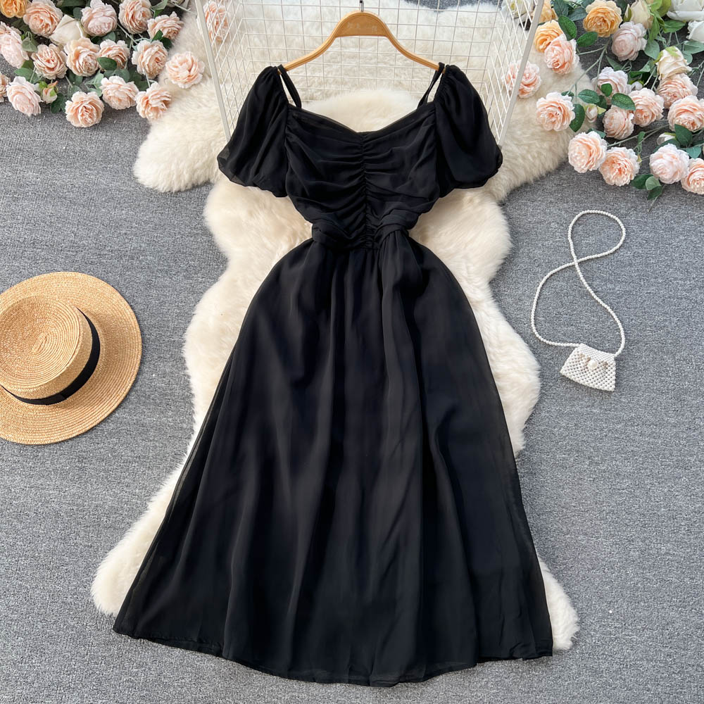 Bubble Sleeve Square Collar Chiffon Dress