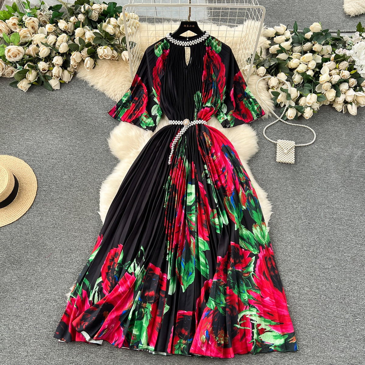 Elegant Beaded Floral Printed Dress