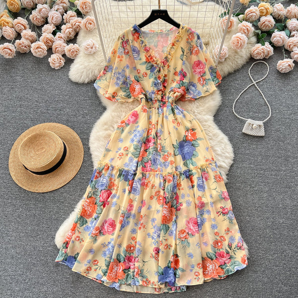 Mori Flared Sleeve Floral Chiffon Dress