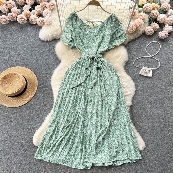 Fairy Pleated Lace-up Floral Dress