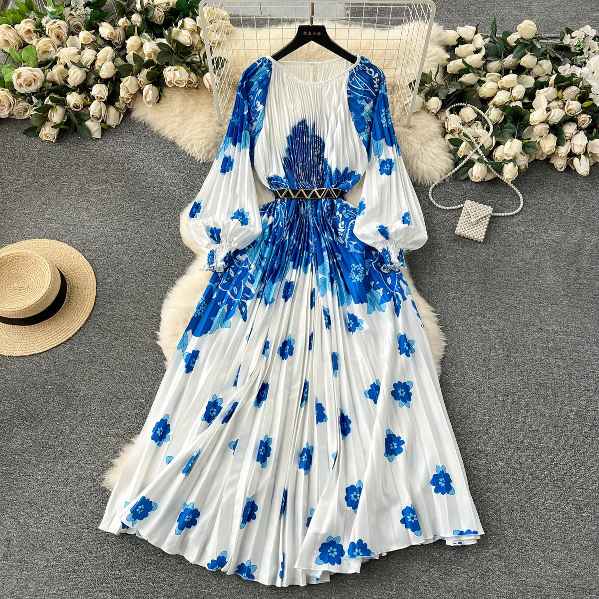 Floral Printed High-waist Pleated Dress