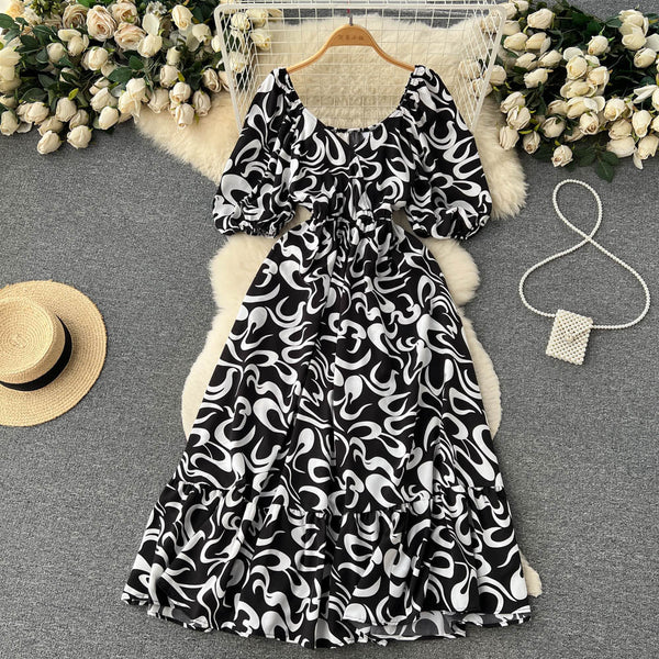 Square Neck Bubble Sleeve Floral Dress