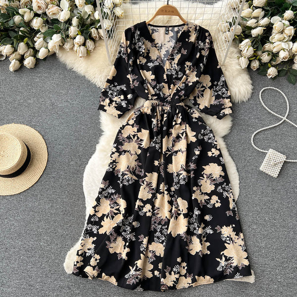 French Style Floral Printed Chiffon Dress