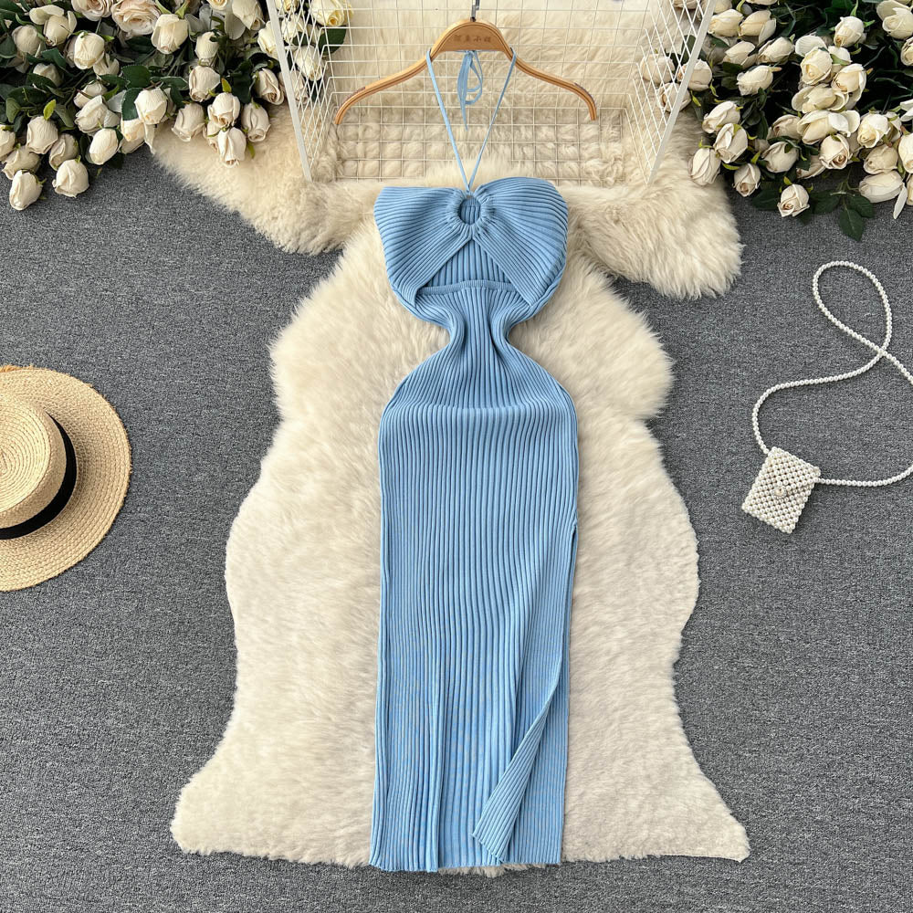 Openwork Backless Knitted Halter Dress