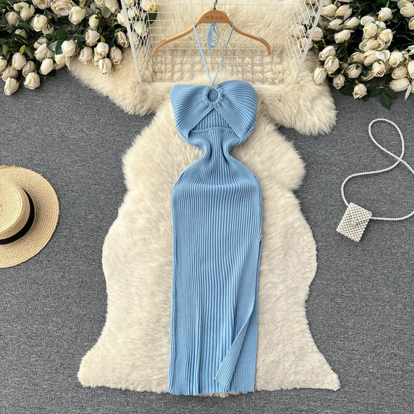 Openwork Backless Knitted Halter Dress
