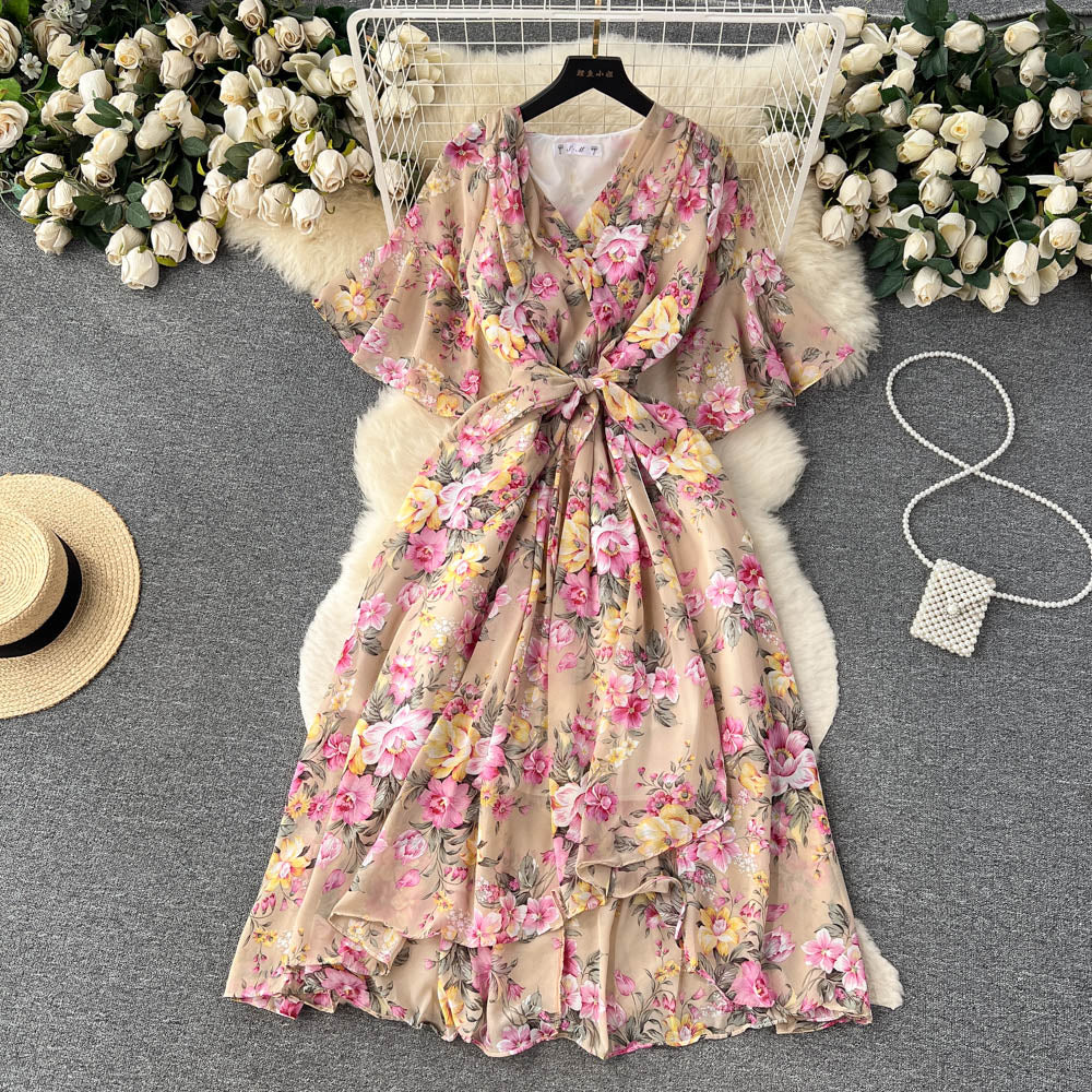 Flared Sleeve V-neck Floral Dress