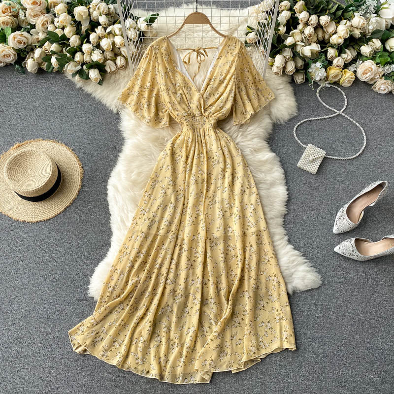 V-neck Slim Chiffon Floral Dress