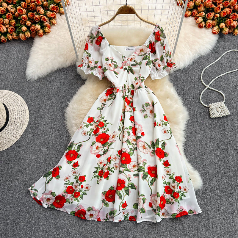 Waist-slimming V-neck Floral Chiffon Dress