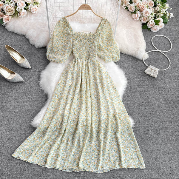 Square Collar Floral Chiffon Dress