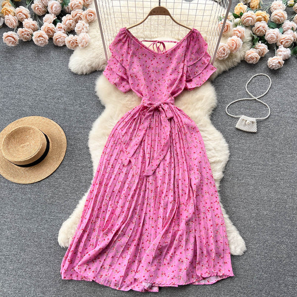 Fairy Pleated Lace-up Floral Dress