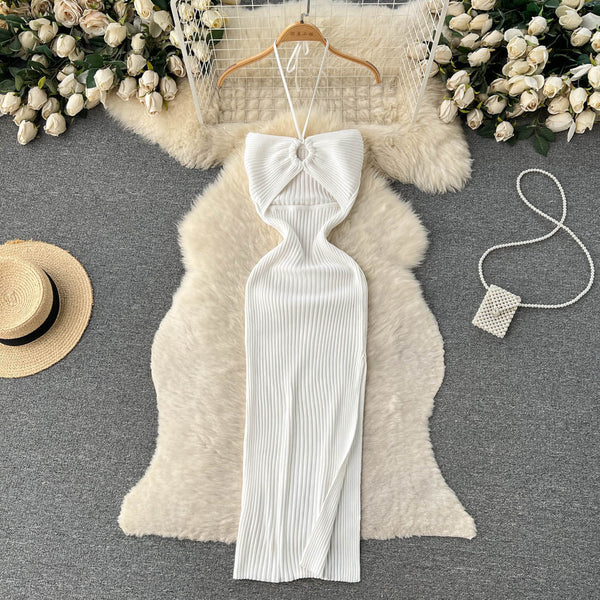 Openwork Backless Knitted Halter Dress