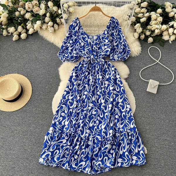 Square Neck Bubble Sleeve Floral Dress