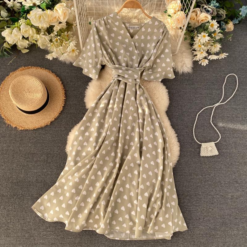 Heart Pattern Printed V-neck Maxi Dress