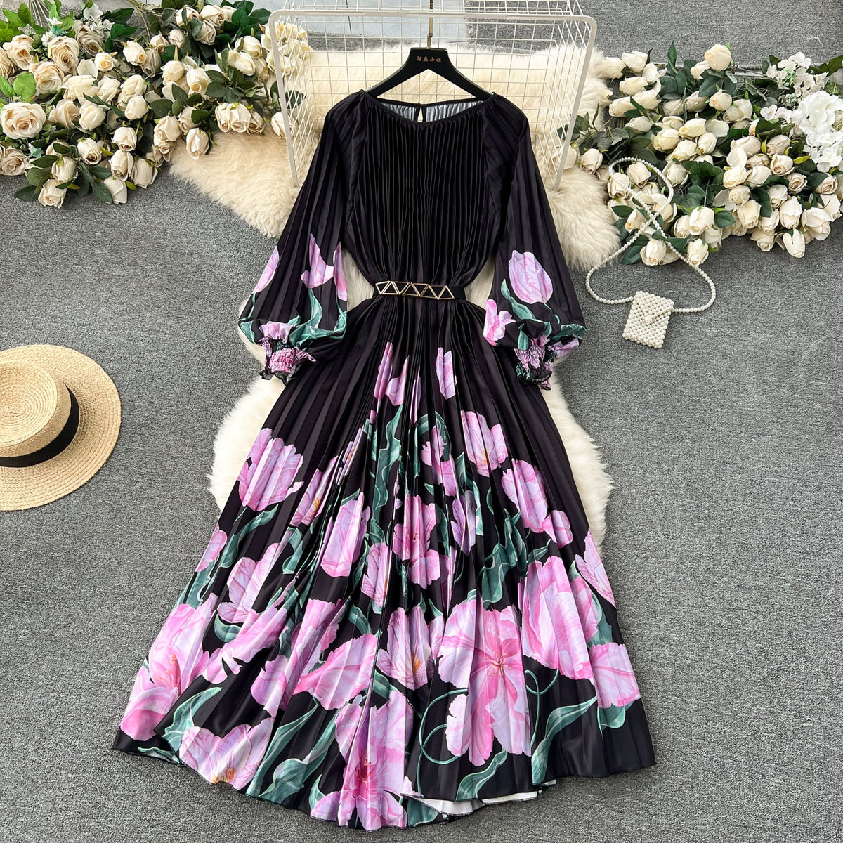 Floral Printed High-waist Pleated Dress