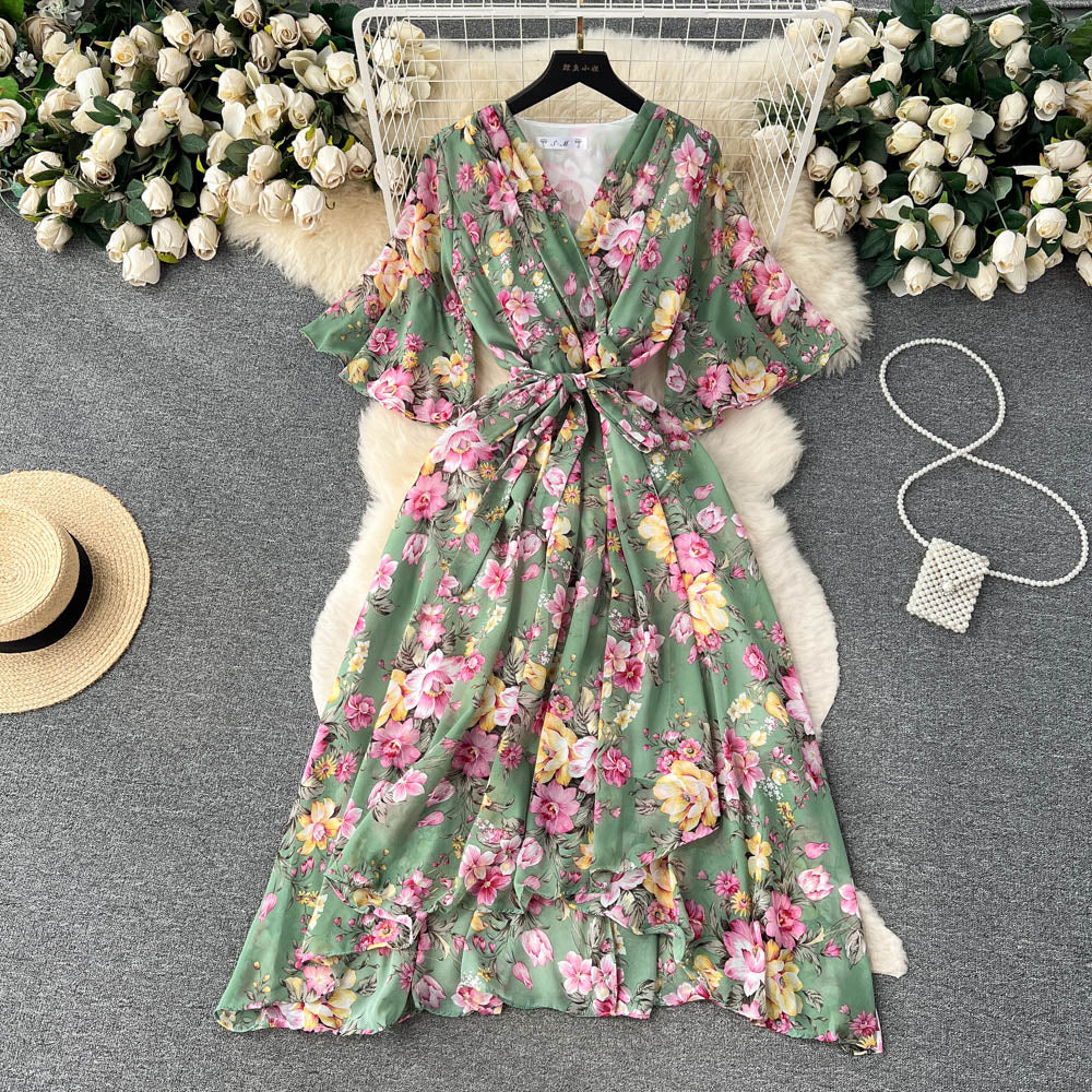 Flared Sleeve V-neck Floral Dress