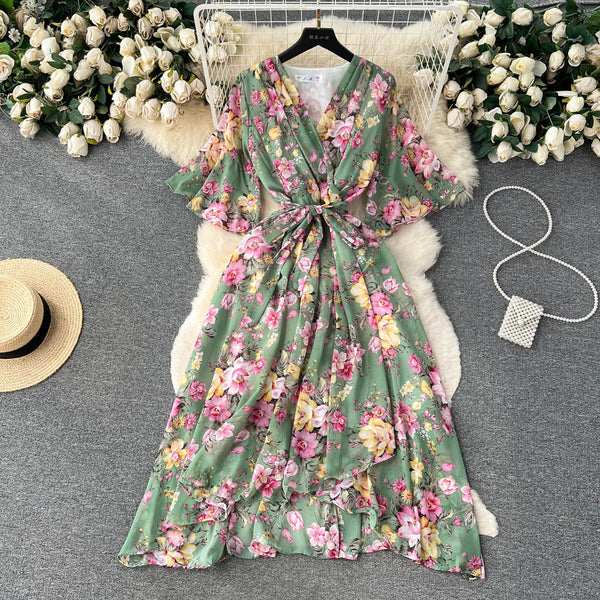 Flared Sleeve V-neck Floral Dress