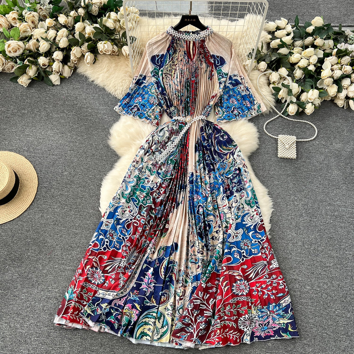 Elegant Beaded Floral Printed Dress