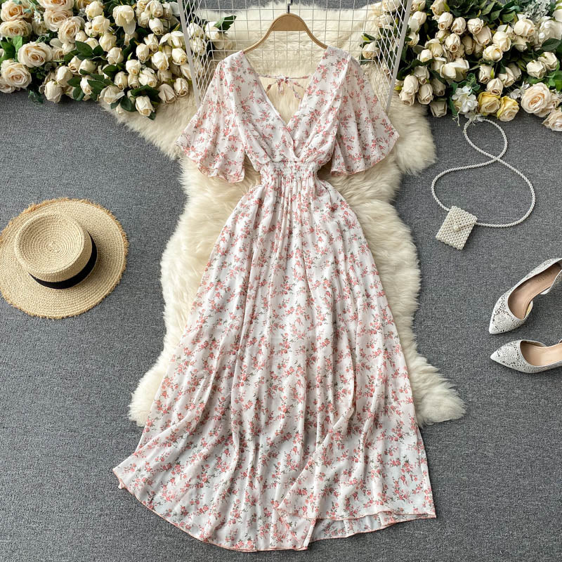 V-yaka Slim Chiffon Çiçekli Elbise