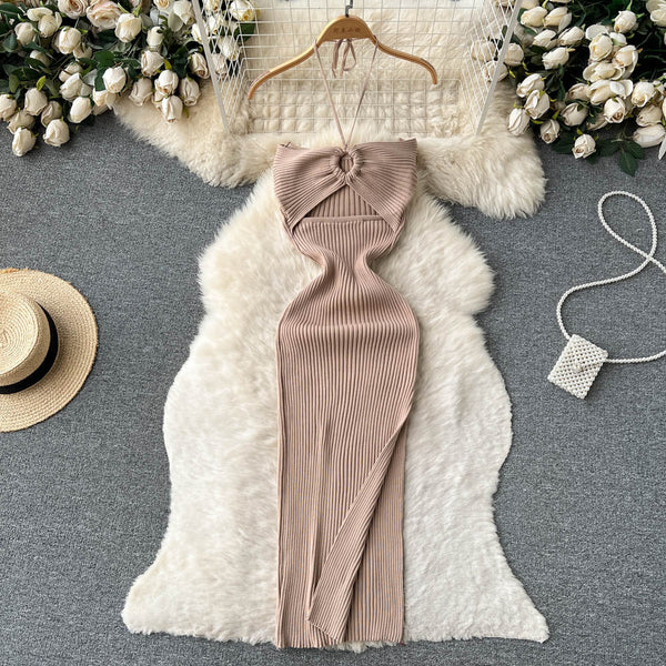 Openwork Backless Knitted Halter Dress