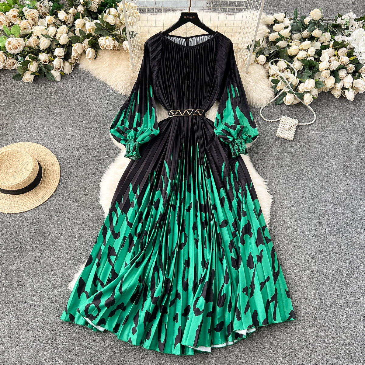 Floral Printed High-waist Pleated Dress