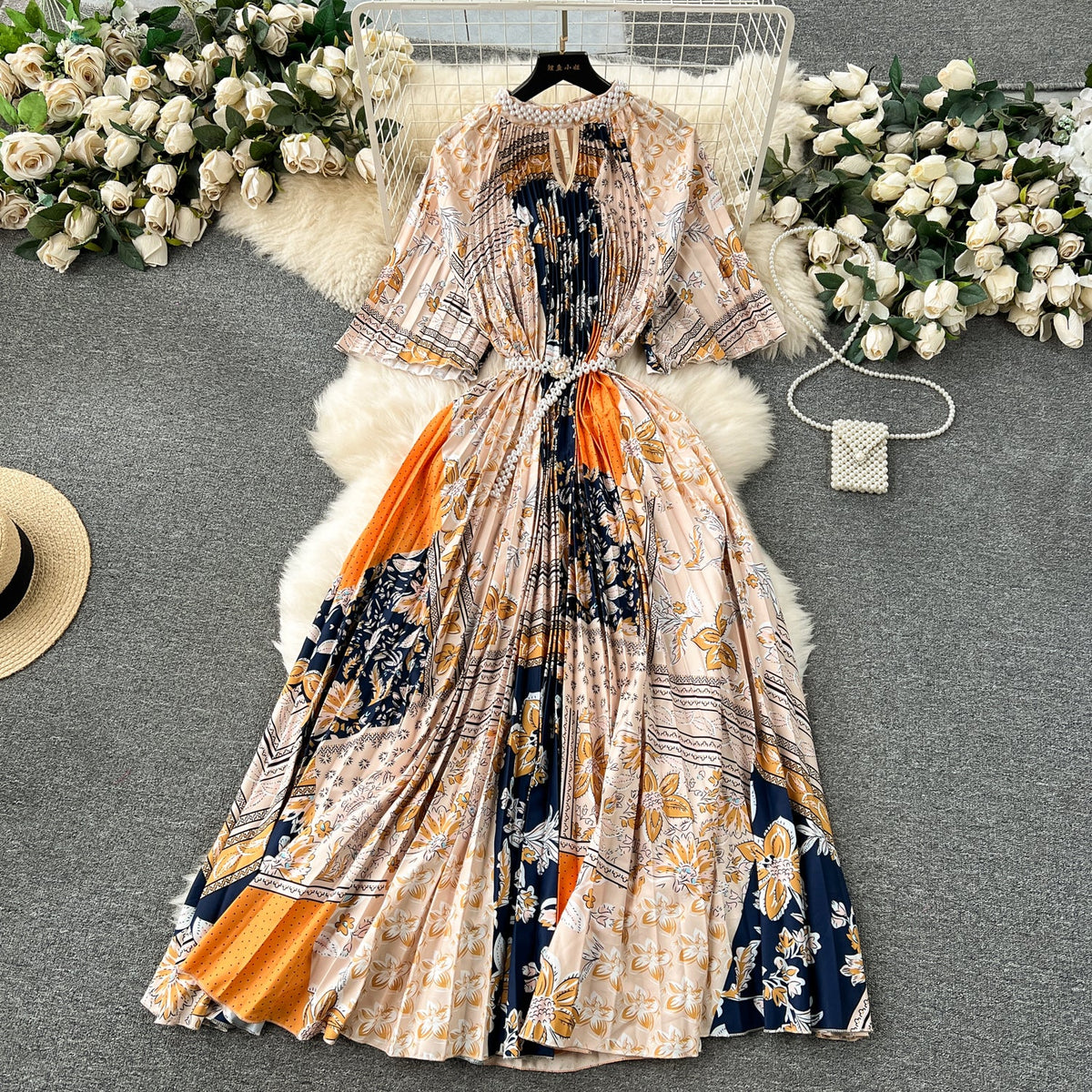 Elegant Beaded Floral Printed Dress