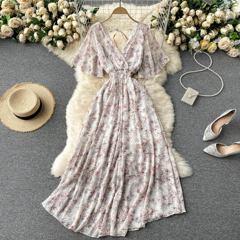 V-neck Slim Chiffon Floral Dress